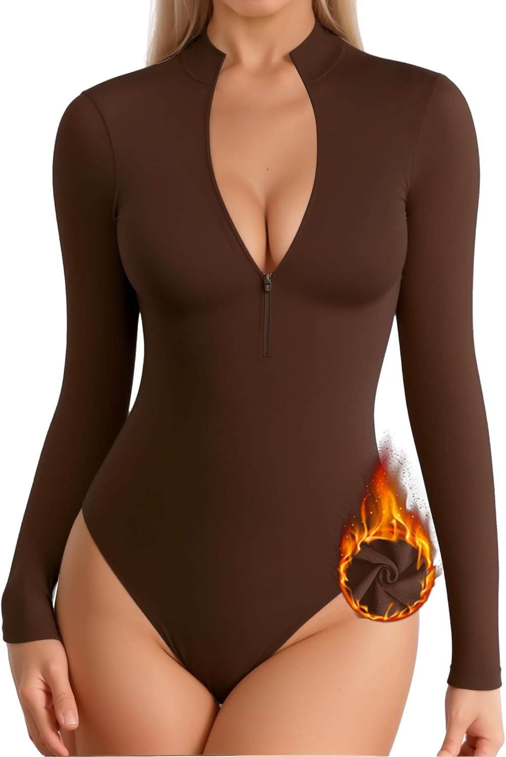 Long Sleeve Body Suit Mock Turtle Neck Zip up Bodysuit for Women Ribbed Deep V Sexy Bodysuit Shirts
