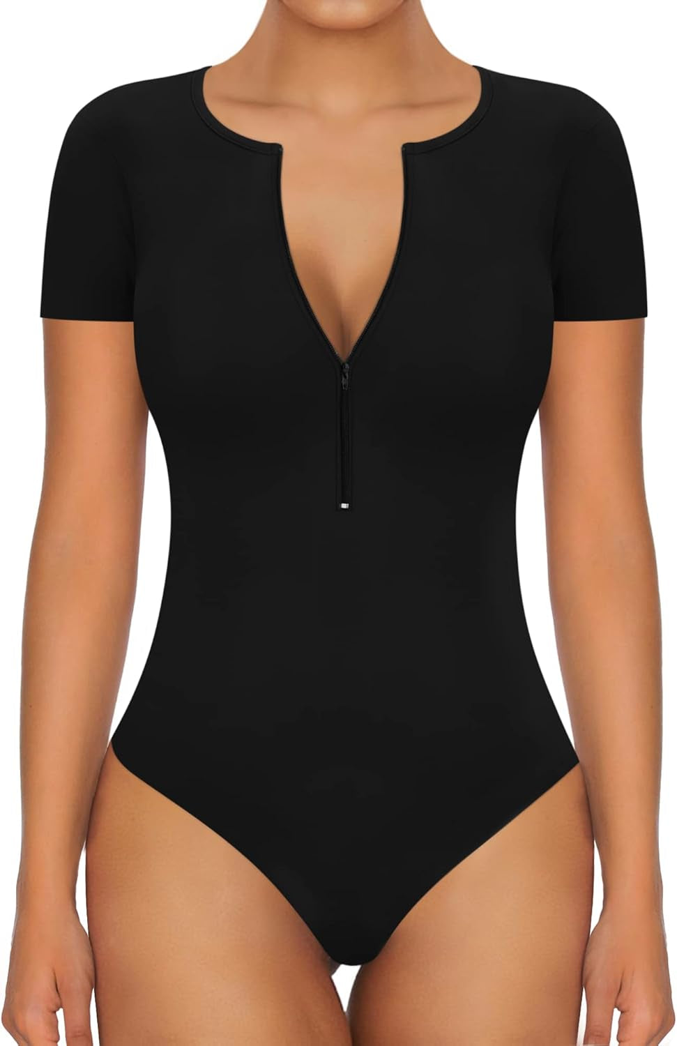 Long Sleeve Body Suit Mock Turtle Neck Zip up Bodysuit for Women Ribbed Deep V Sexy Bodysuit Shirts
