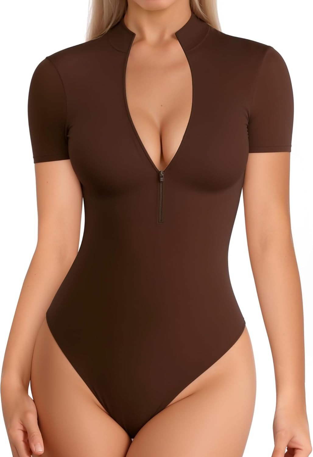 Long Sleeve Body Suit Mock Turtle Neck Zip up Bodysuit for Women Ribbed Deep V Sexy Bodysuit Shirts
