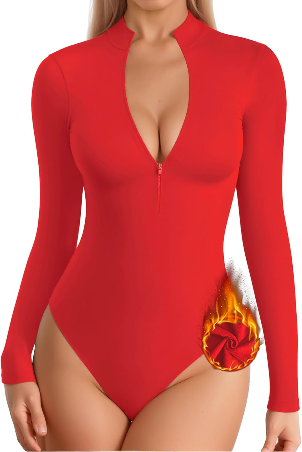 Long Sleeve Body Suit Mock Turtle Neck Zip up Bodysuit for Women Ribbed Deep V Sexy Bodysuit Shirts