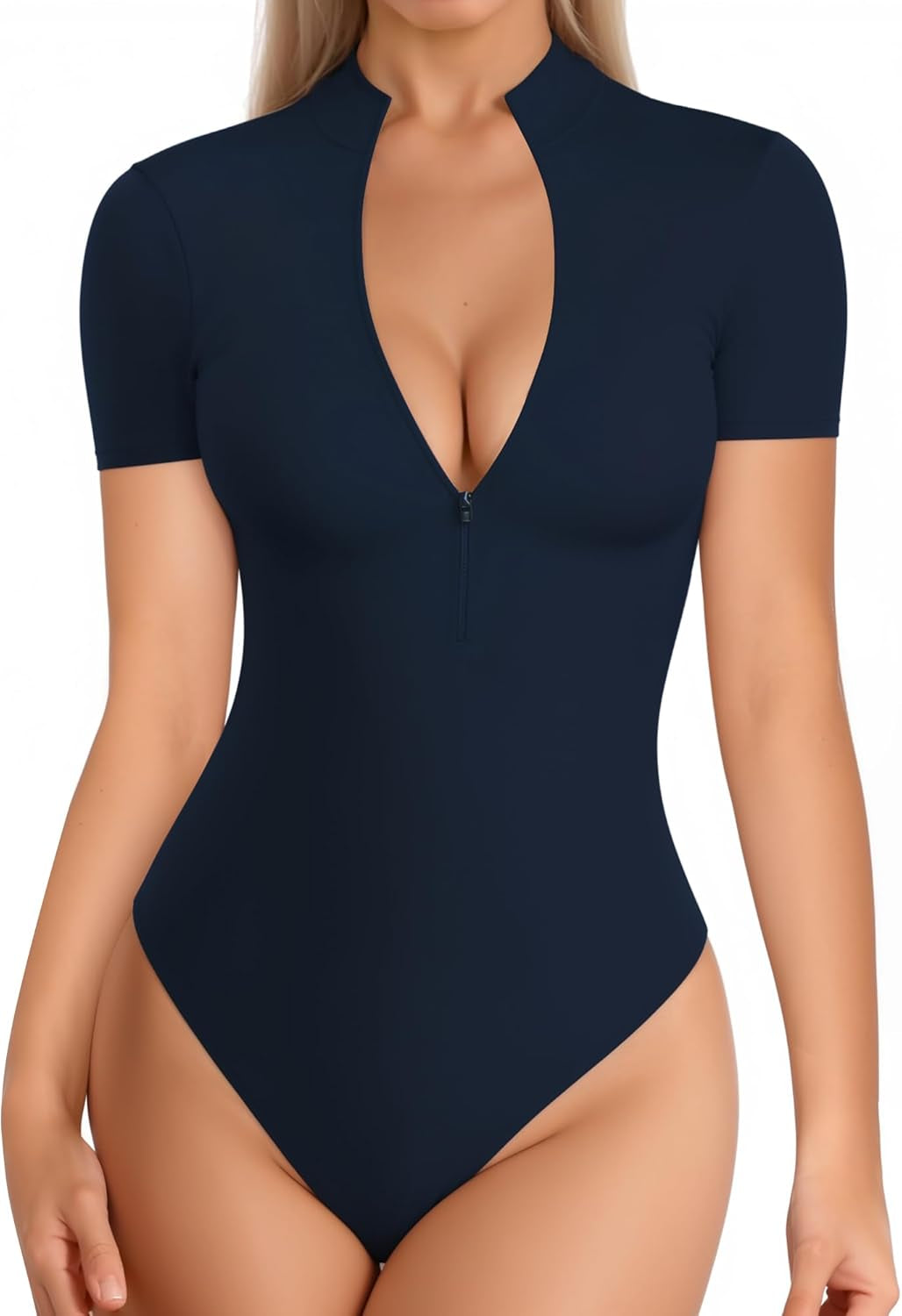 Long Sleeve Body Suit Mock Turtle Neck Zip up Bodysuit for Women Ribbed Deep V Sexy Bodysuit Shirts