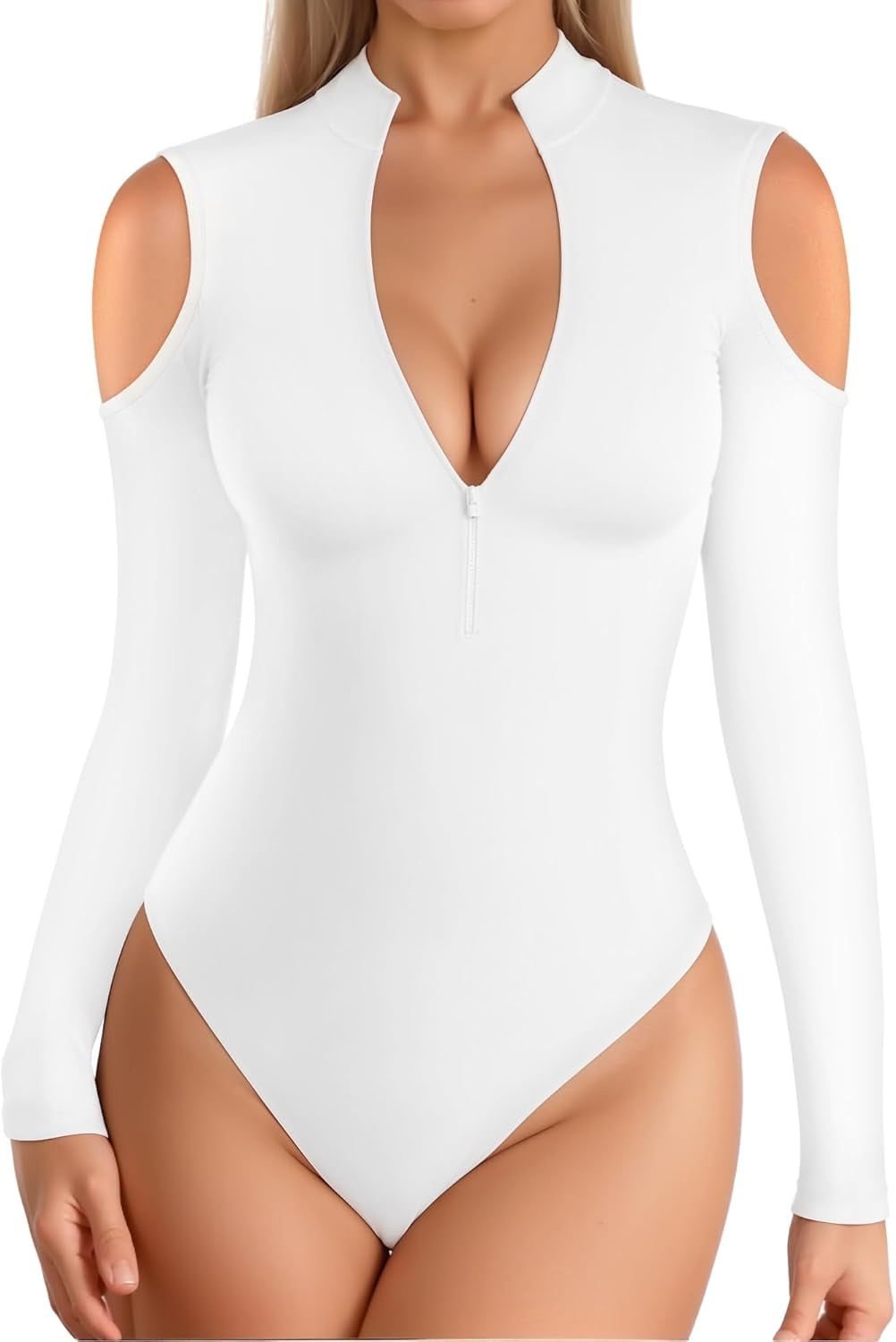Long Sleeve Body Suit Mock Turtle Neck Zip up Bodysuit for Women Ribbed Deep V Sexy Bodysuit Shirts
