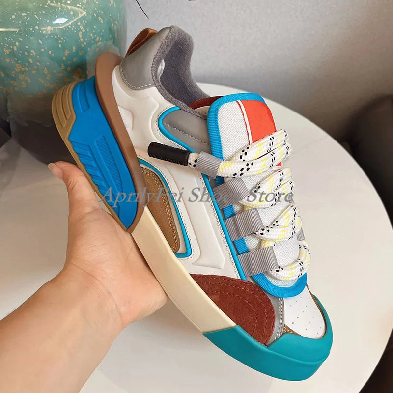 Unisex Round Toe Genuine Leather Sneakers Mixed Colors Mens Flat Breathable Lace Up Casual Shoes Spring Male Sneakers 35-46