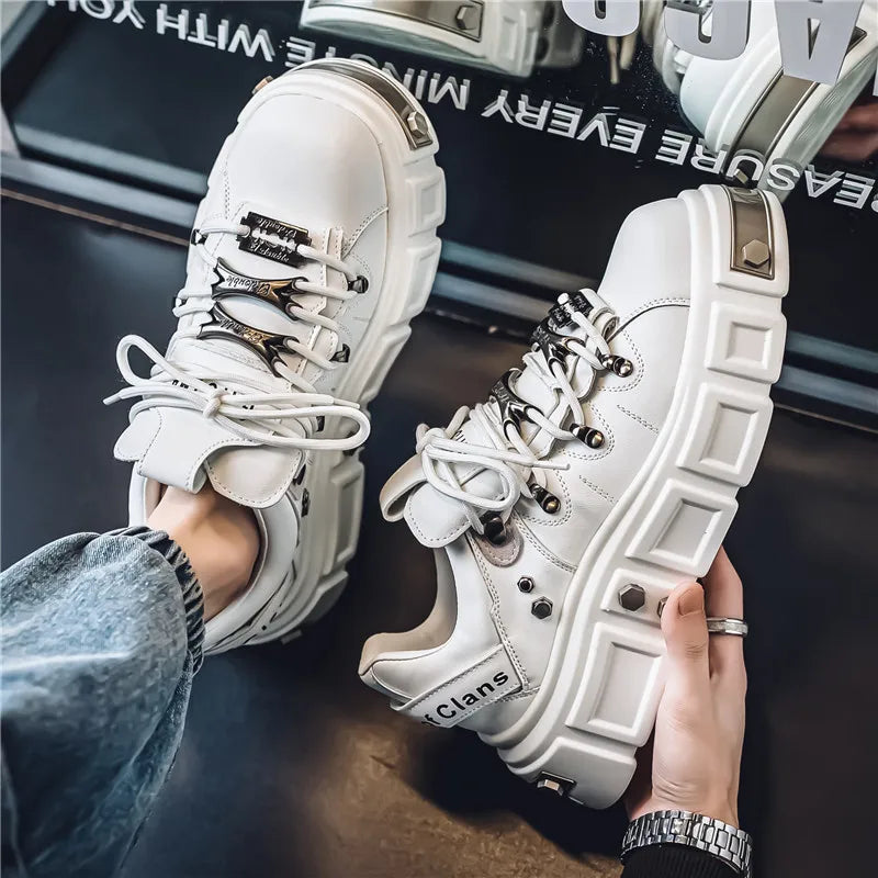 Men's Leather Shoes Metal Sponge Shoes Thick Soled Punk Shoes Trendy Brand Men's Shoes Plus Size Work Shoes Youth Clunky Sneaker