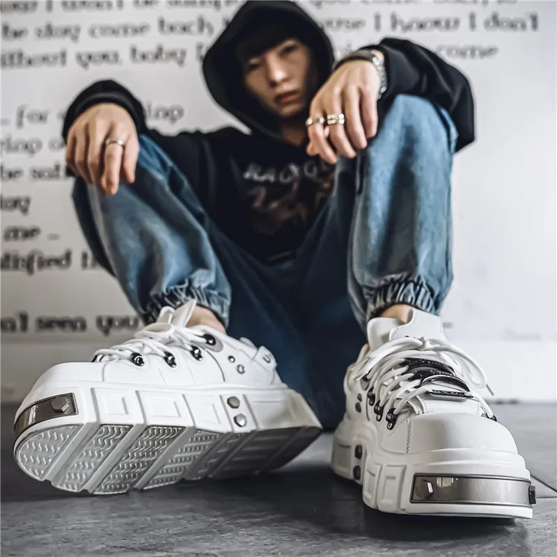 Men's Leather Shoes Metal Sponge Shoes Thick Soled Punk Shoes Trendy Brand Men's Shoes Plus Size Work Shoes Youth Clunky Sneaker