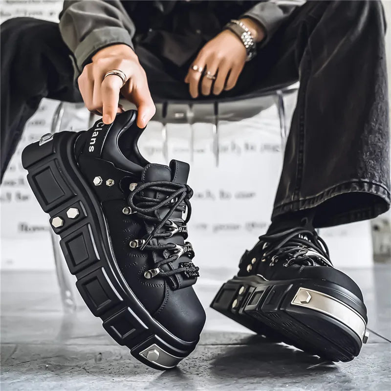 Men's Leather Shoes Metal Sponge Shoes Thick Soled Punk Shoes Trendy Brand Men's Shoes Plus Size Work Shoes Youth Clunky Sneaker