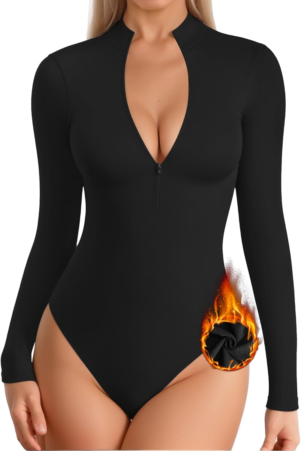 Long Sleeve Body Suit Mock Turtle Neck Zip up Bodysuit for Women Ribbed Deep V Sexy Bodysuit Shirts