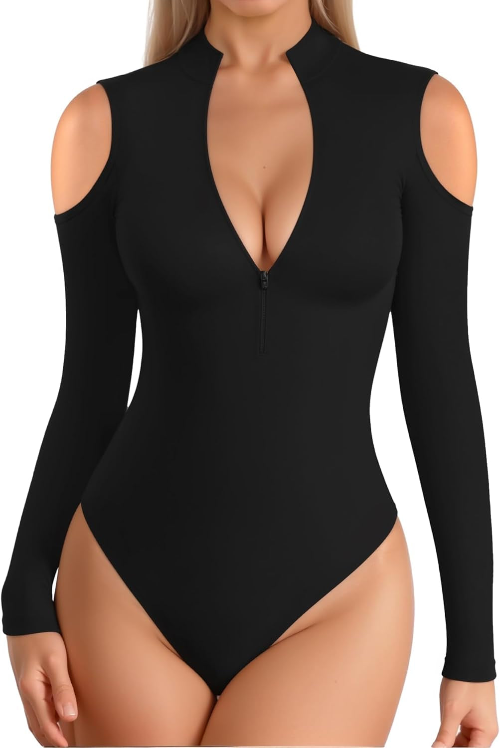 Long Sleeve Body Suit Mock Turtle Neck Zip up Bodysuit for Women Ribbed Deep V Sexy Bodysuit Shirts