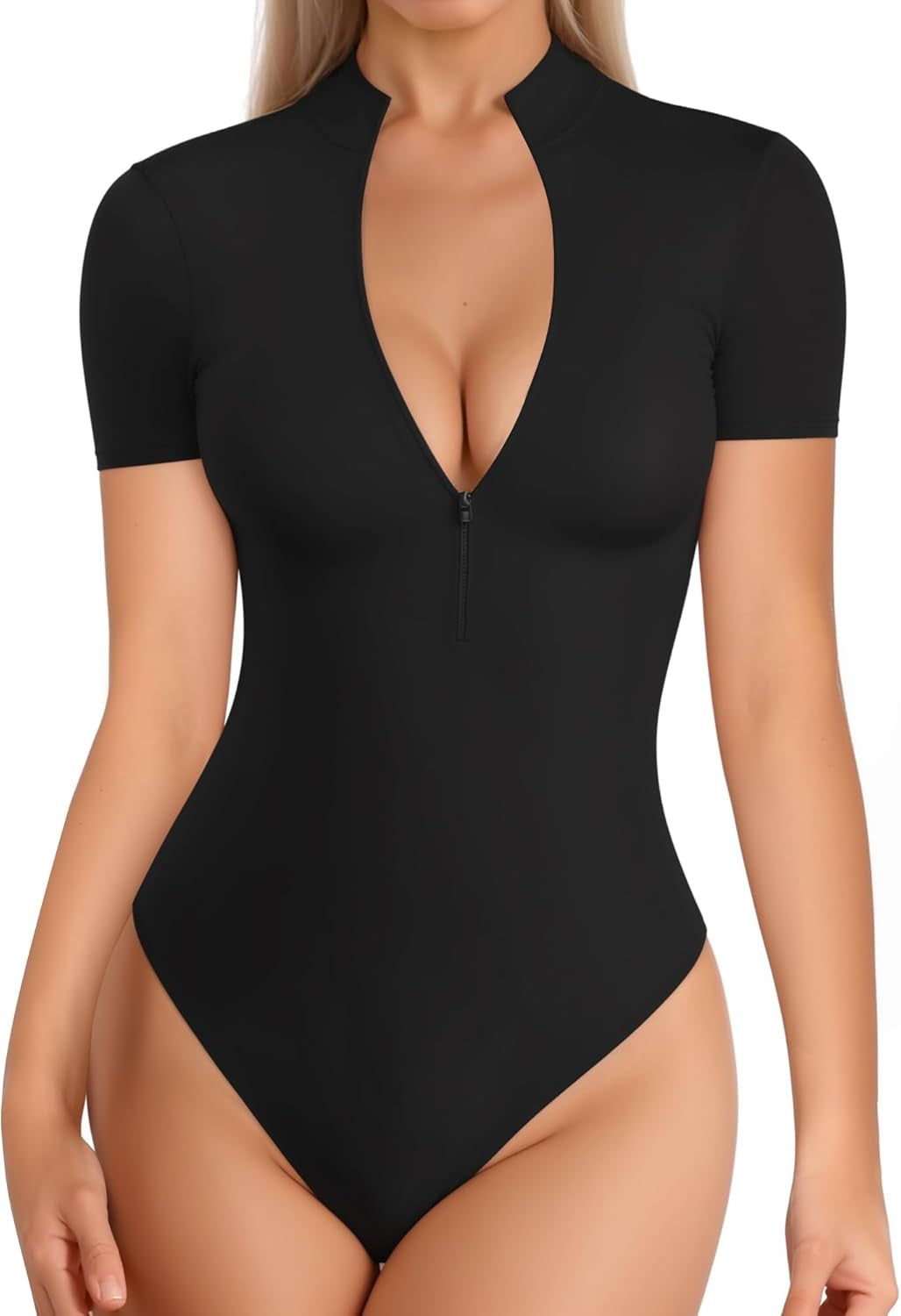 Long Sleeve Body Suit Mock Turtle Neck Zip up Bodysuit for Women Ribbed Deep V Sexy Bodysuit Shirts