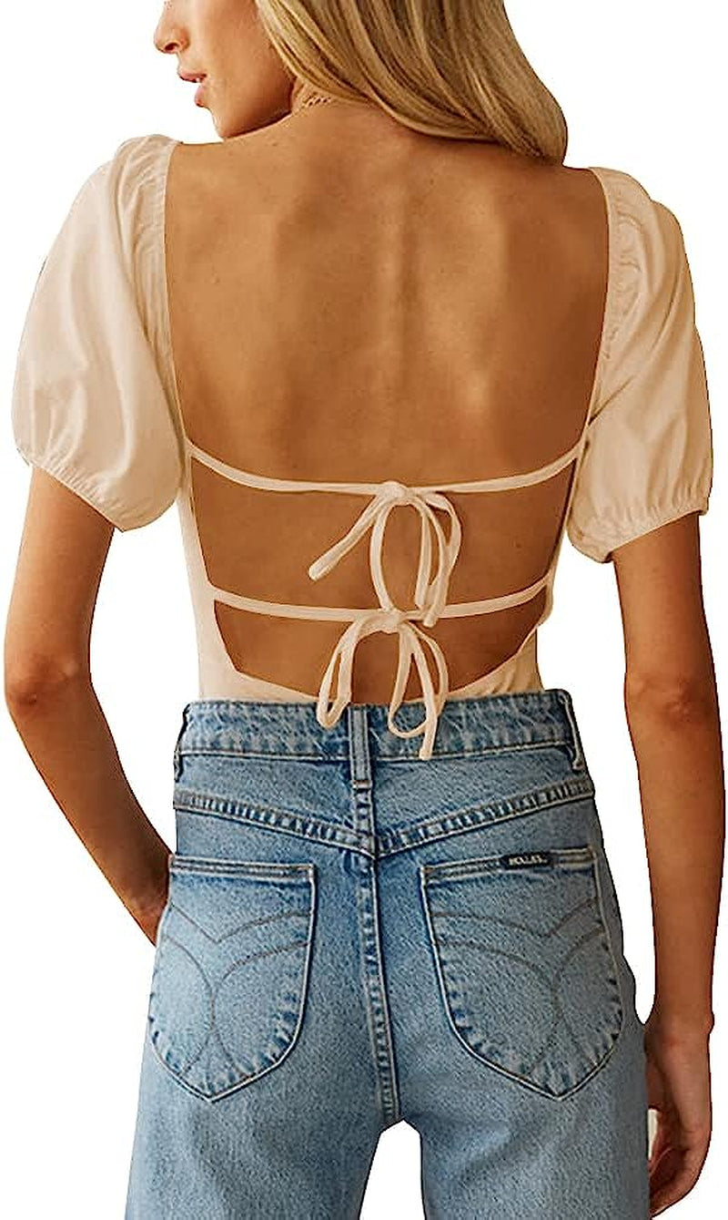 Oten Women'S Sexy Backless Puff Sleeve Square Neck Tie Back Bodysuit Tops