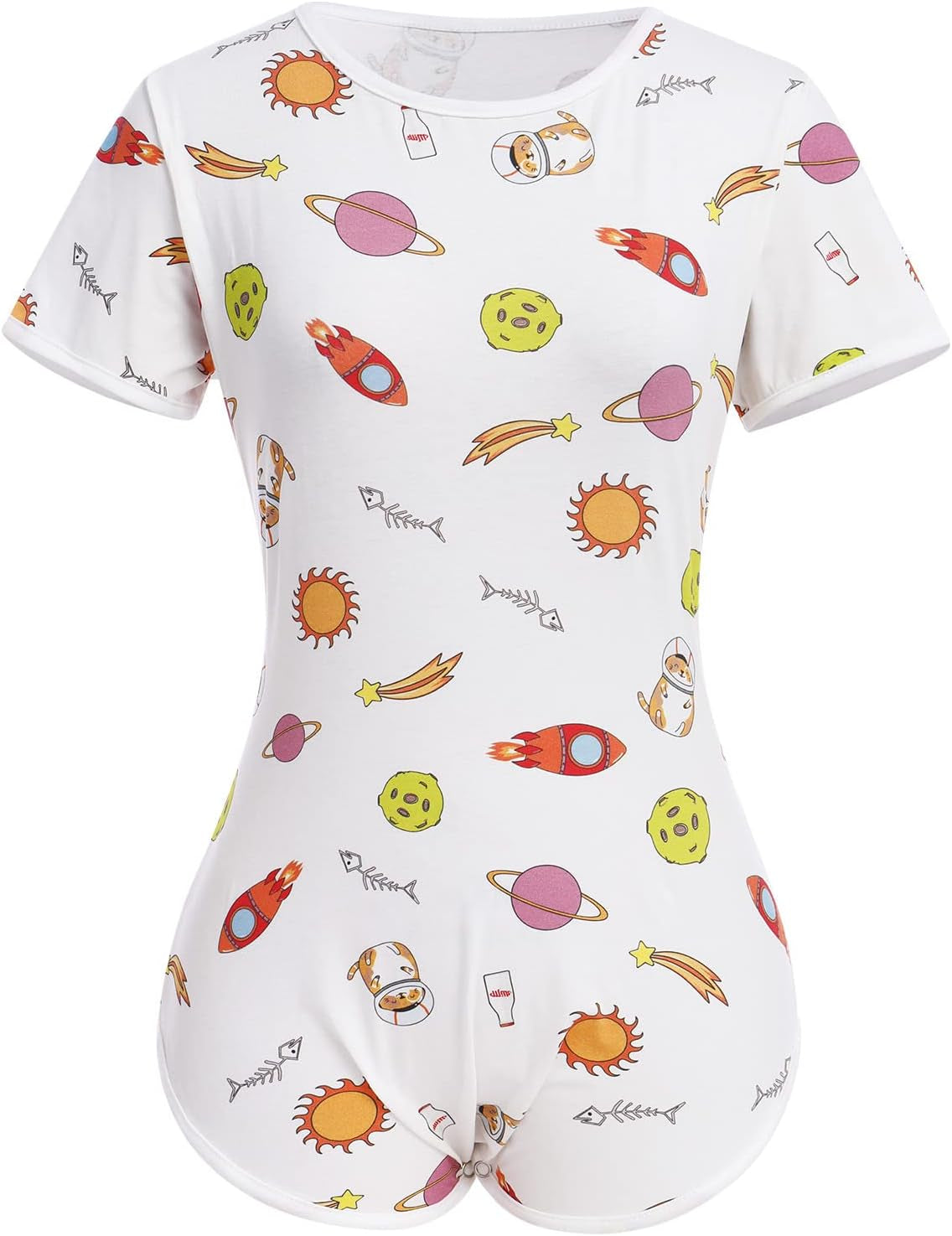 Women'S Short Sleeve Crew Neck Romper Bodysuit One Piece Pajamas Sleepwear Universe Rocket Planet Sun Cat Print Bodycon Teddy Jumpsuit Nightwear Orange - Rocket Medium