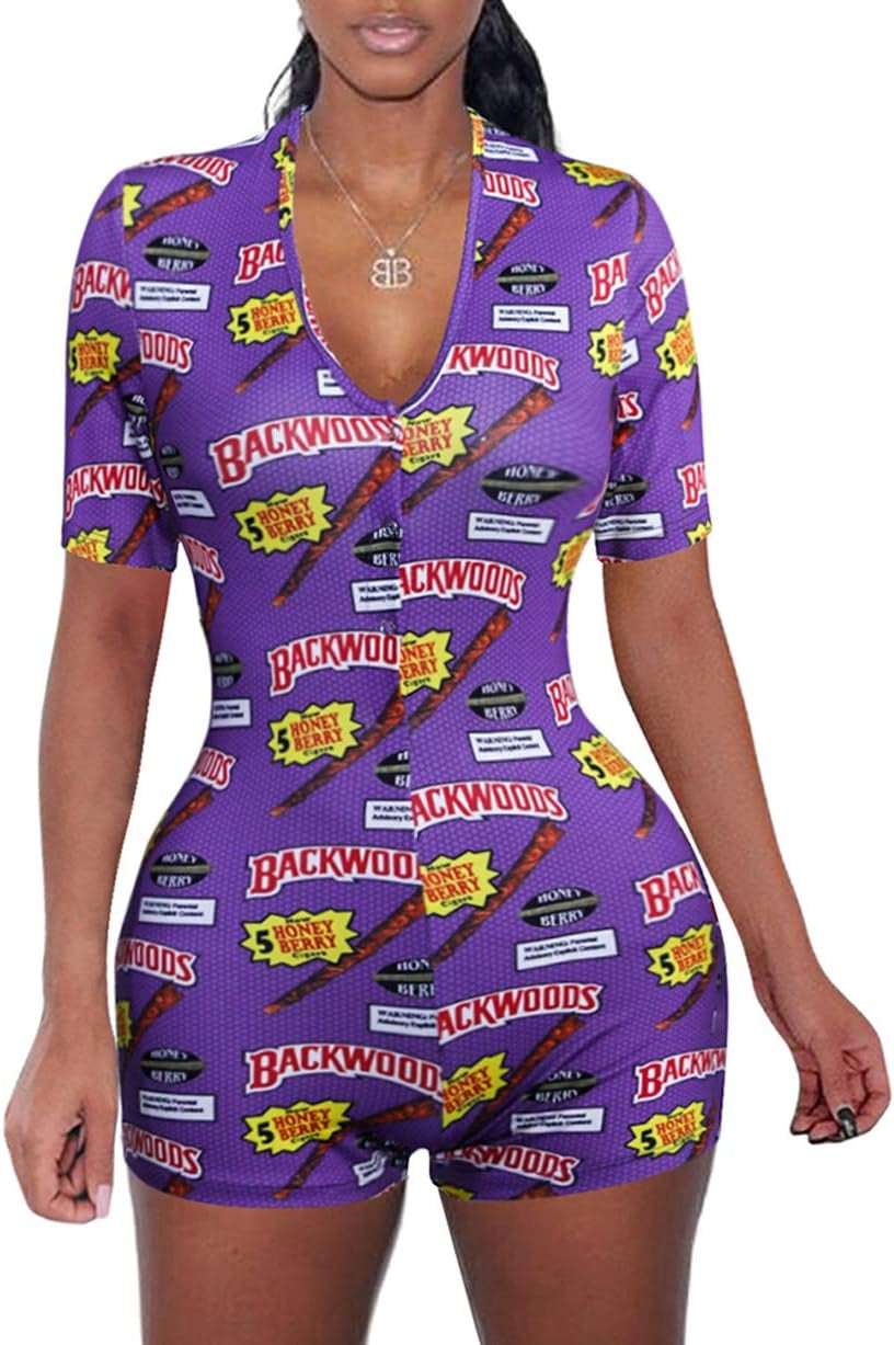 Women V Neck Shorts Romper One Piece Floral Bodycon Jumpsuit Pajama Short Sleeve Bodysuit Overall Workout Home Wear
