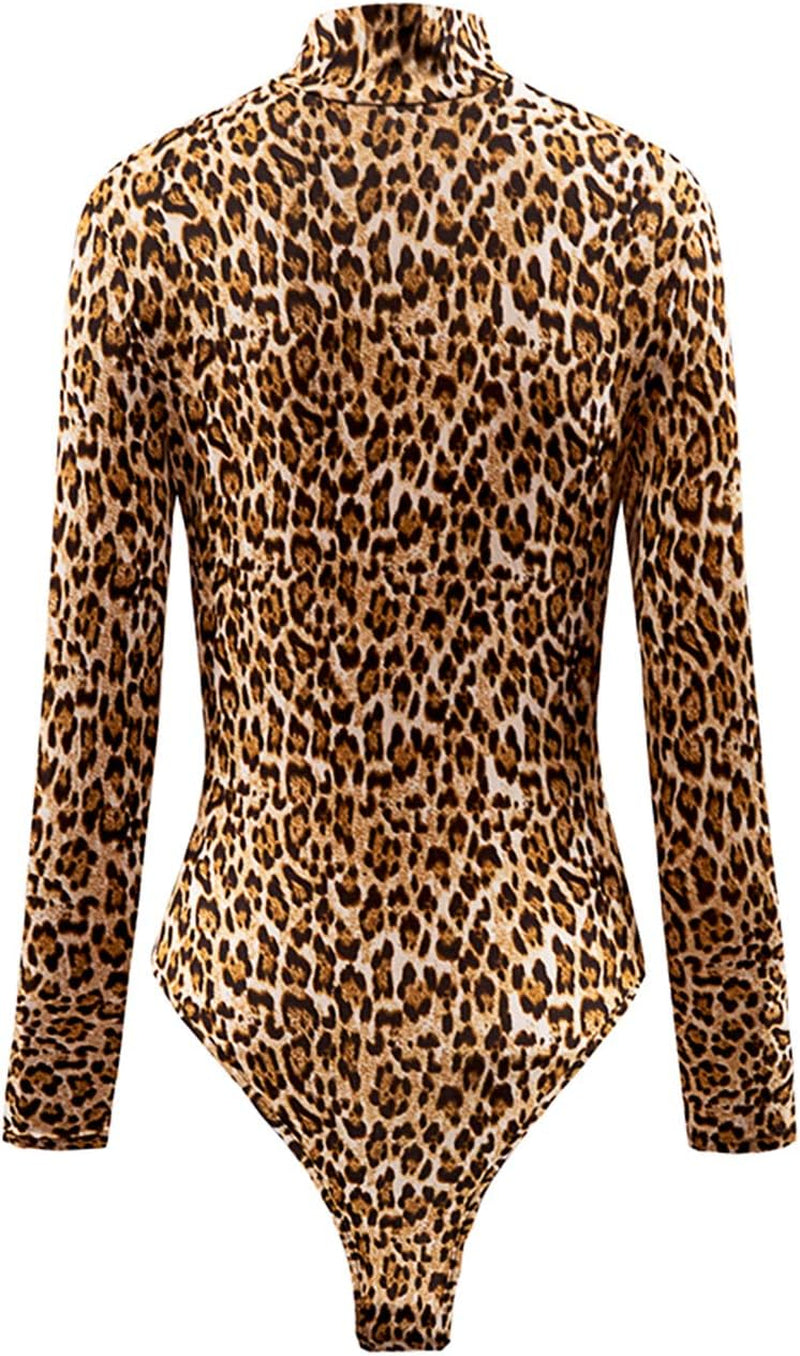 Womens Long Sleeve Bodysuit Sexy Bodycon Leopard Tiger Snakeskin Jumpsuits Snap Crotch Stretchy Romper