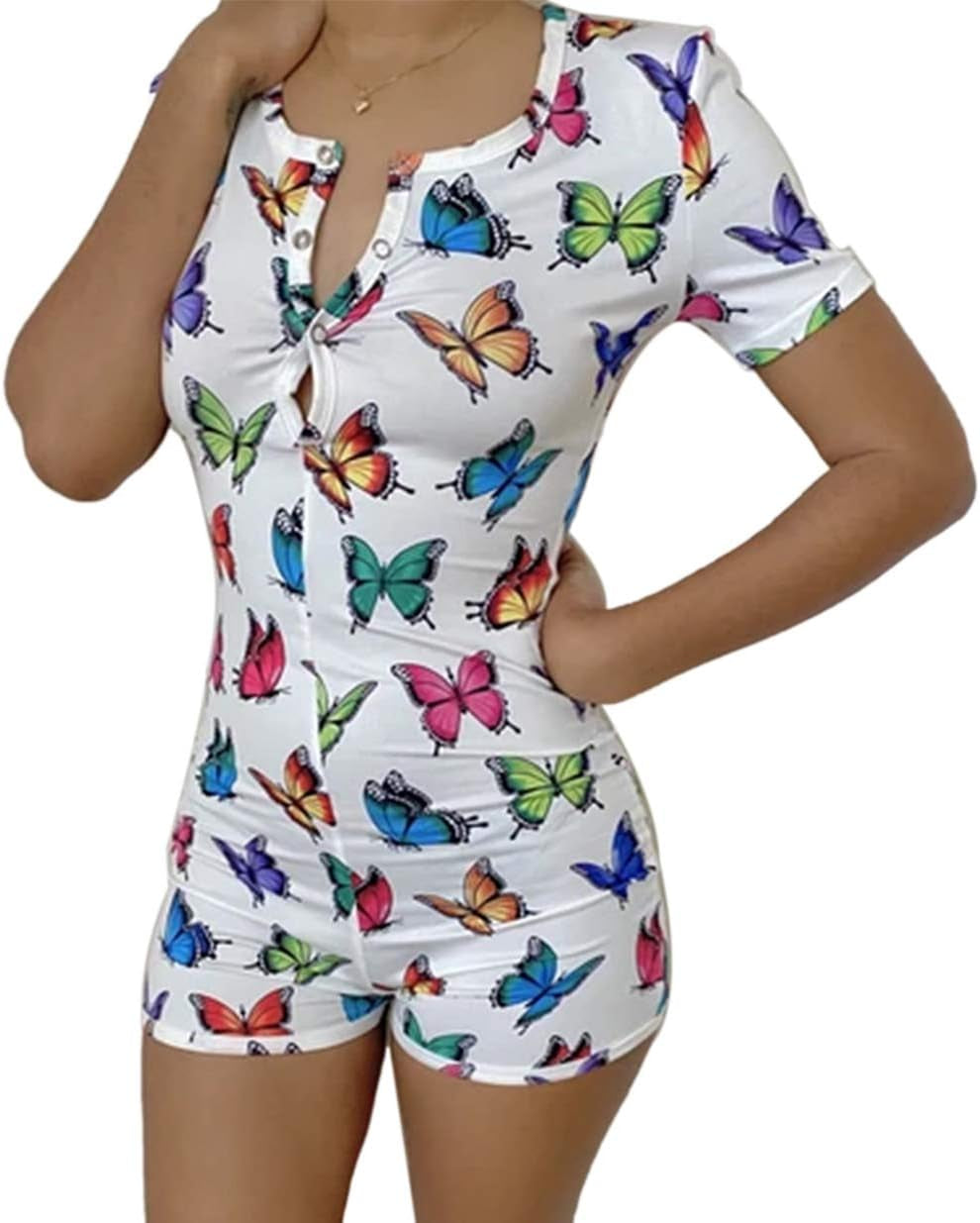 Womens V Neck Shorts Romper One Piece Floral Bodycon Jumpsuit Short Sleeve Bodysuit Pajama Overall Summer Homewear