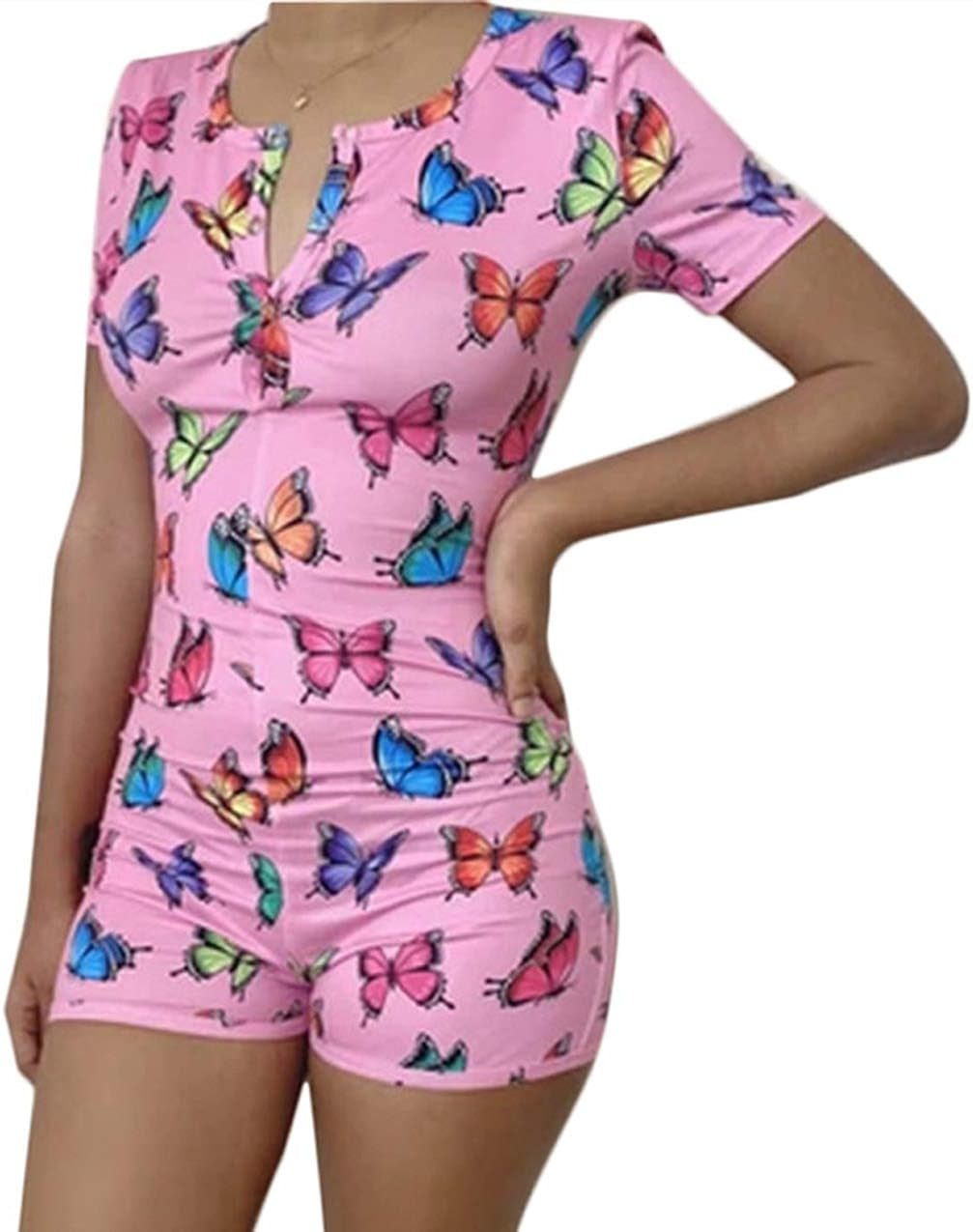Women V Neck Shorts Romper One Piece Floral Bodycon Jumpsuit Pajama Short Sleeve Bodysuit Overall Workout Home Wear