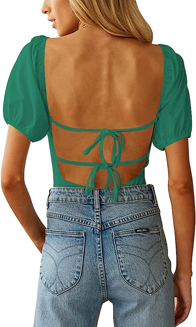 Oten Women'S Sexy Backless Puff Sleeve Square Neck Tie Back Bodysuit Tops