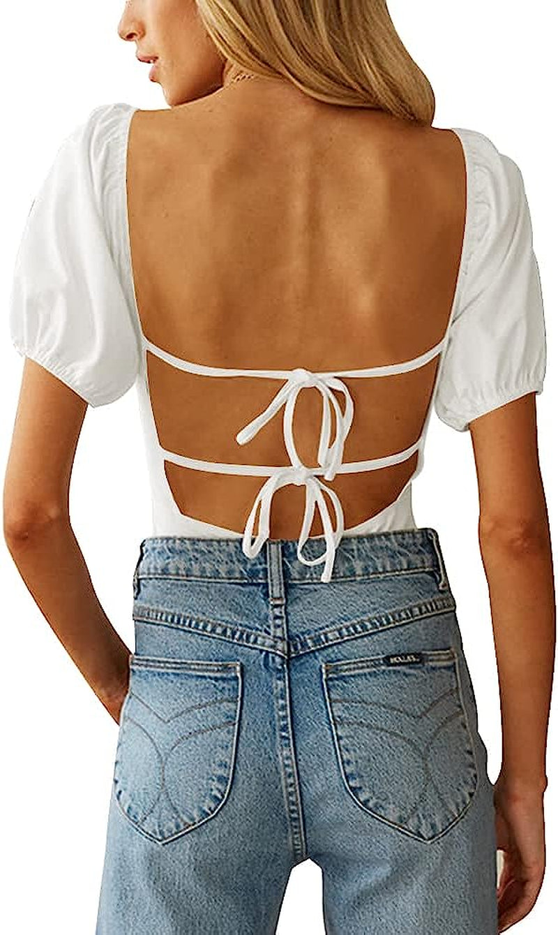 Oten Women'S Sexy Backless Puff Sleeve Square Neck Tie Back Bodysuit Tops