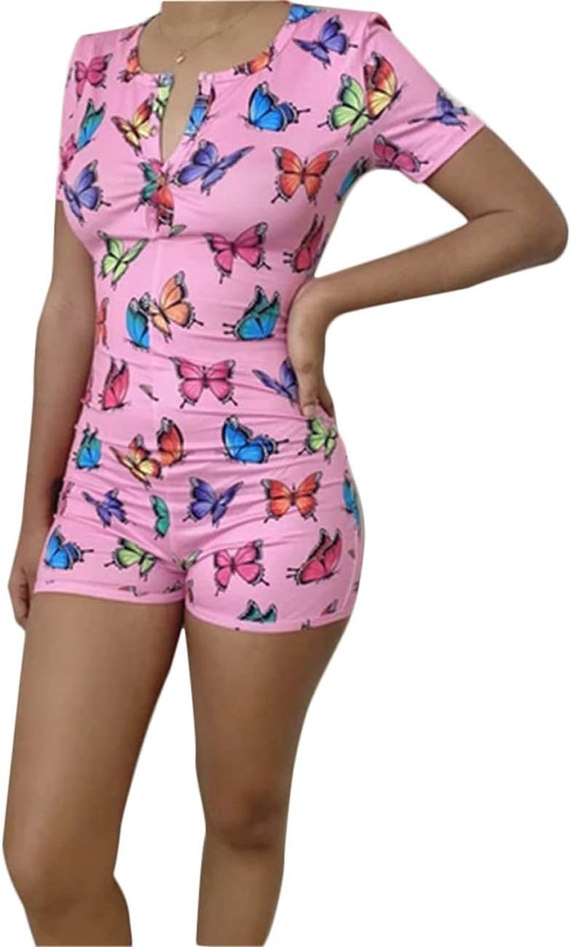 Womens V Neck Shorts Romper One Piece Floral Bodycon Jumpsuit Short Sleeve Bodysuit Pajama Overall Summer Homewear