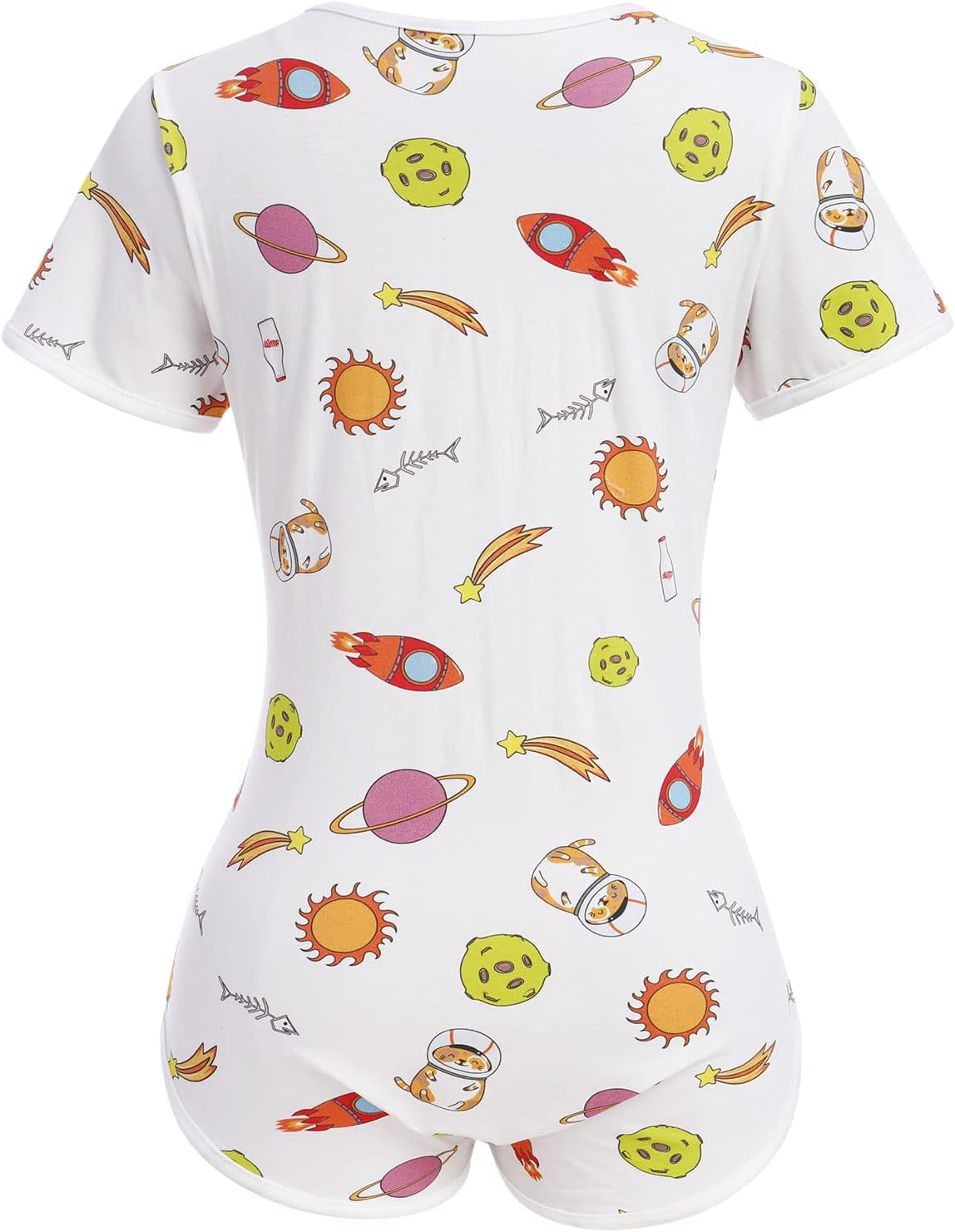 Women'S Short Sleeve Crew Neck Romper Bodysuit One Piece Pajamas Sleepwear Universe Rocket Planet Sun Cat Print Bodycon Teddy Jumpsuit Nightwear Orange - Rocket Medium