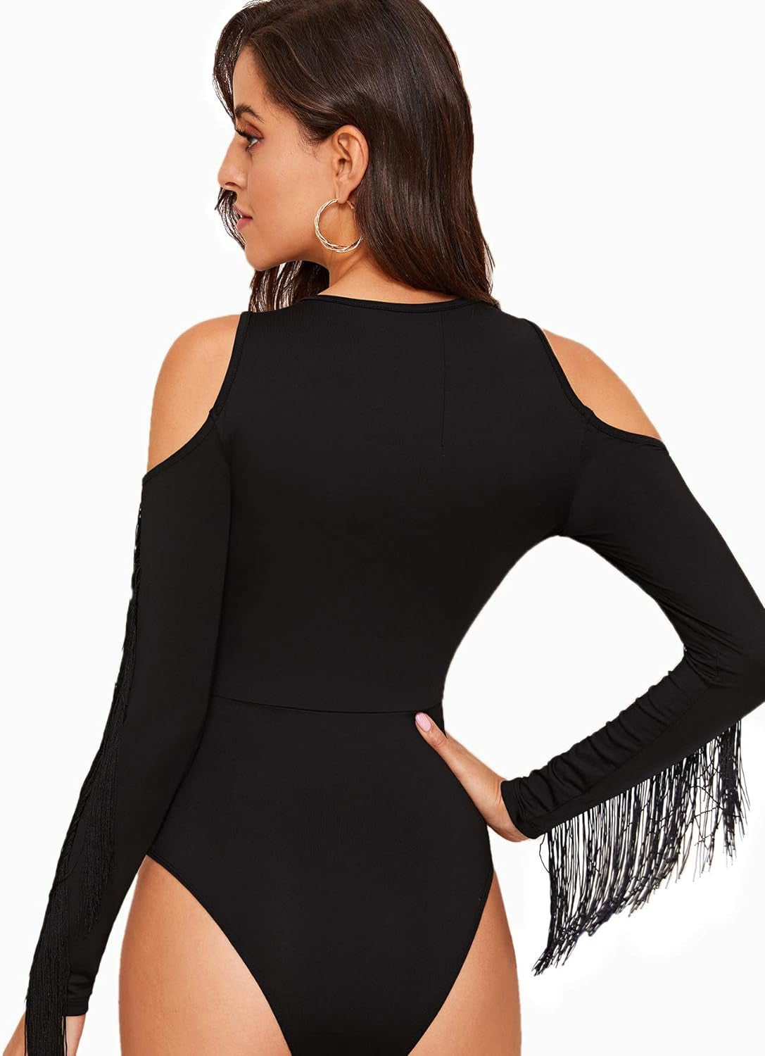Women'S Cold Shoulder Fringe Long Sleeve Sheer Mesh Jumpsuit Bodysuit
