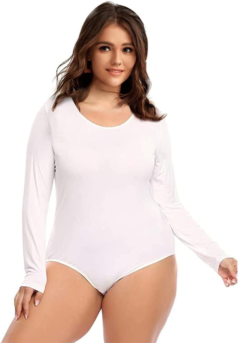 Women'S Bodysuit plus Size Long Sleeve Scoop Neck Bodysuit Basic Top T Shirt Leotards Jumpsuits （5Xl）Nude