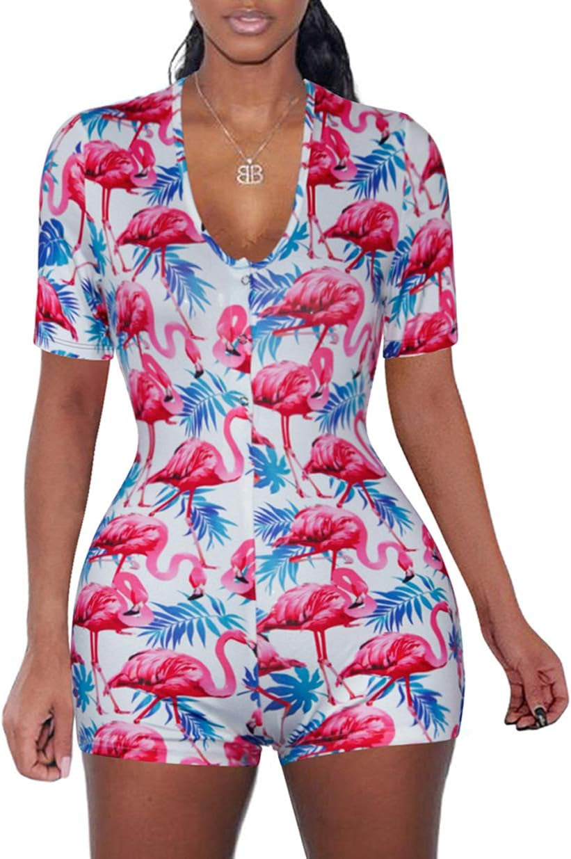 Women V Neck Shorts Romper One Piece Floral Bodycon Jumpsuit Pajama Short Sleeve Bodysuit Overall Workout Home Wear