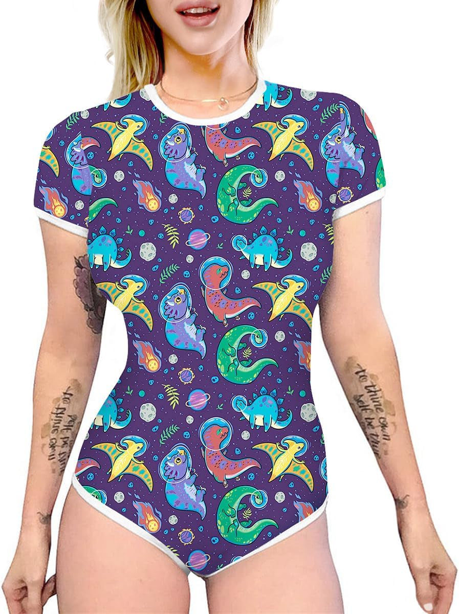 Women'S Short Sleeve Romper Pajamas Bodysuit Cute One Piece Sleepwear Bodycon Jumpsuit Nightwear