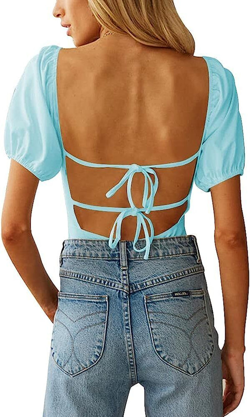 Oten Women'S Sexy Backless Puff Sleeve Square Neck Tie Back Bodysuit Tops