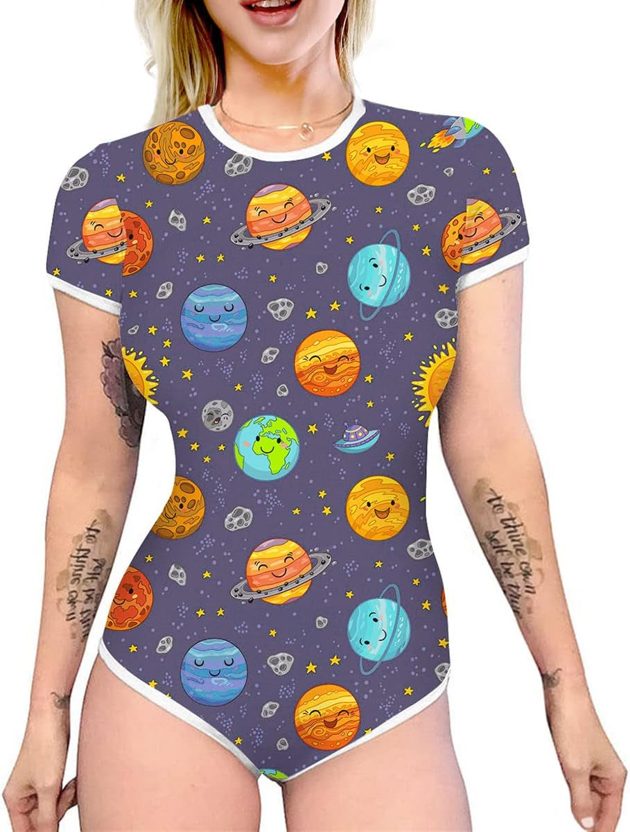Women'S Short Sleeve Romper Pajamas Bodysuit Cute One Piece Sleepwear Bodycon Jumpsuit Nightwear