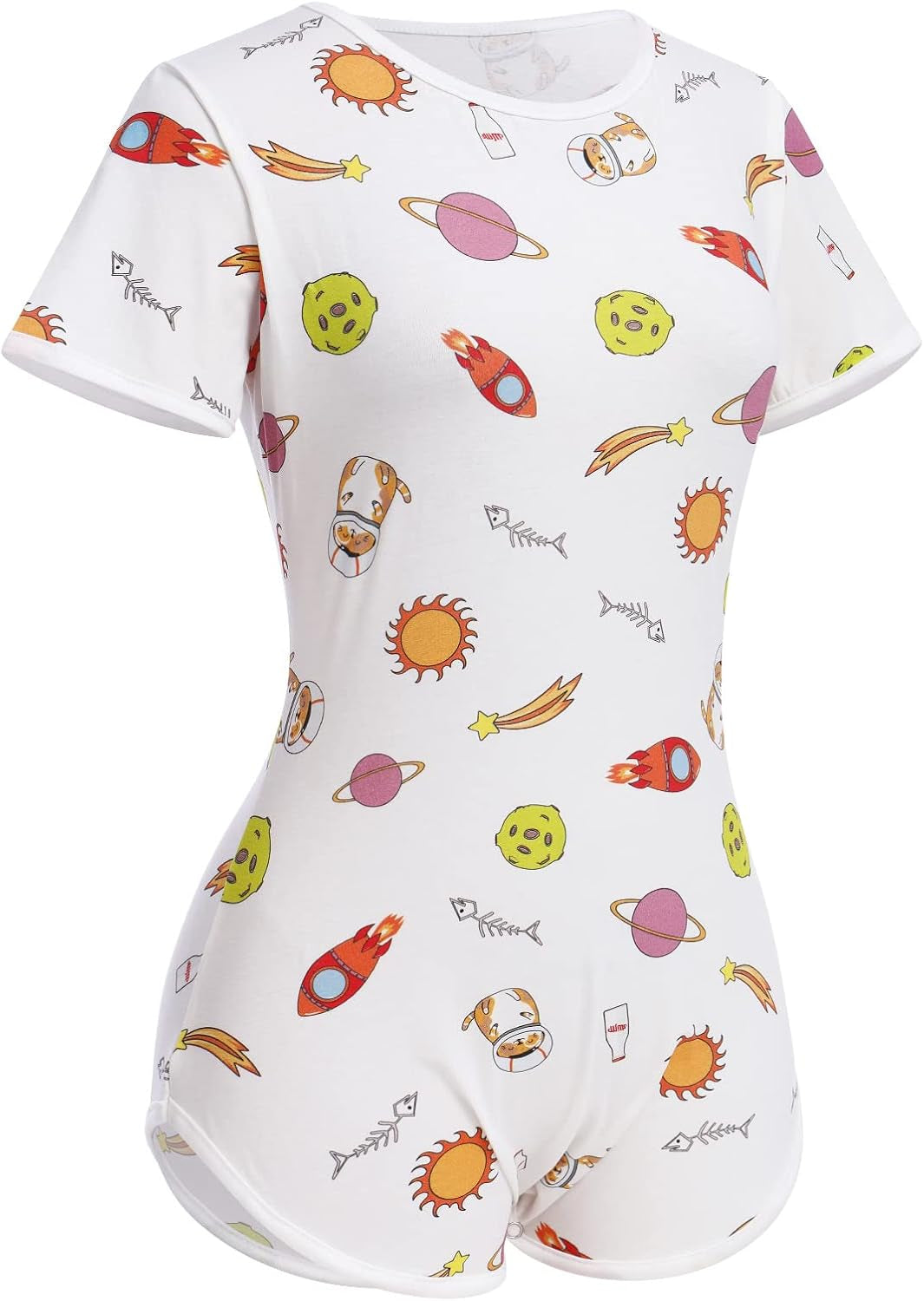 Women'S Short Sleeve Crew Neck Romper Bodysuit One Piece Pajamas Sleepwear Universe Rocket Planet Sun Cat Print Bodycon Teddy Jumpsuit Nightwear Orange - Rocket Medium