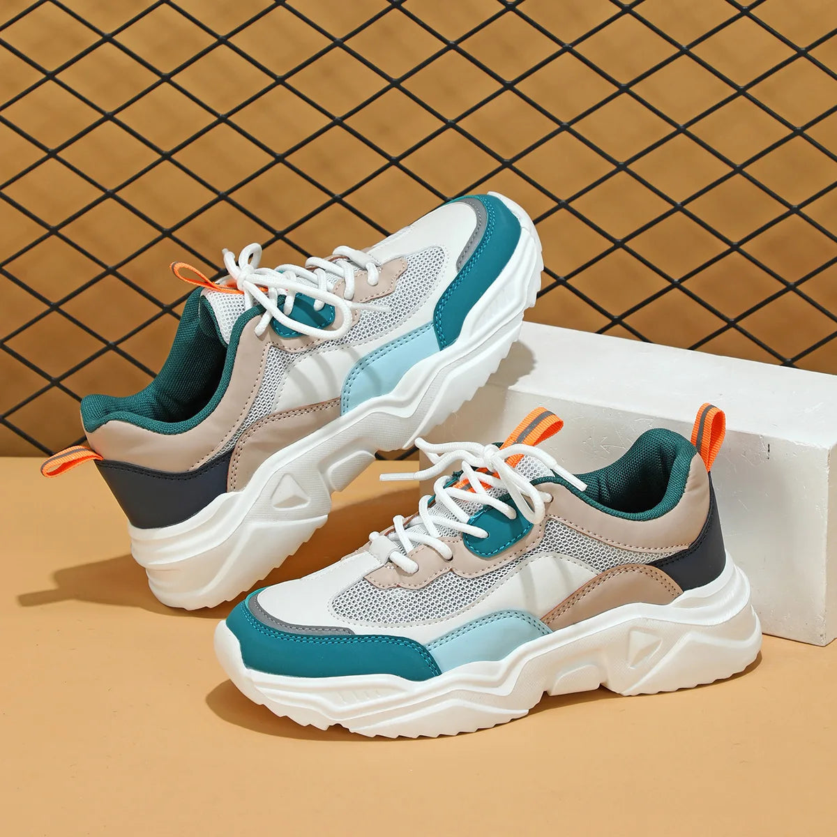 Chunky Sneakers Men Mesh Leather Platform Shoes Mixed Colors Lace-Up Lady Trendy Trainers Thick Sole