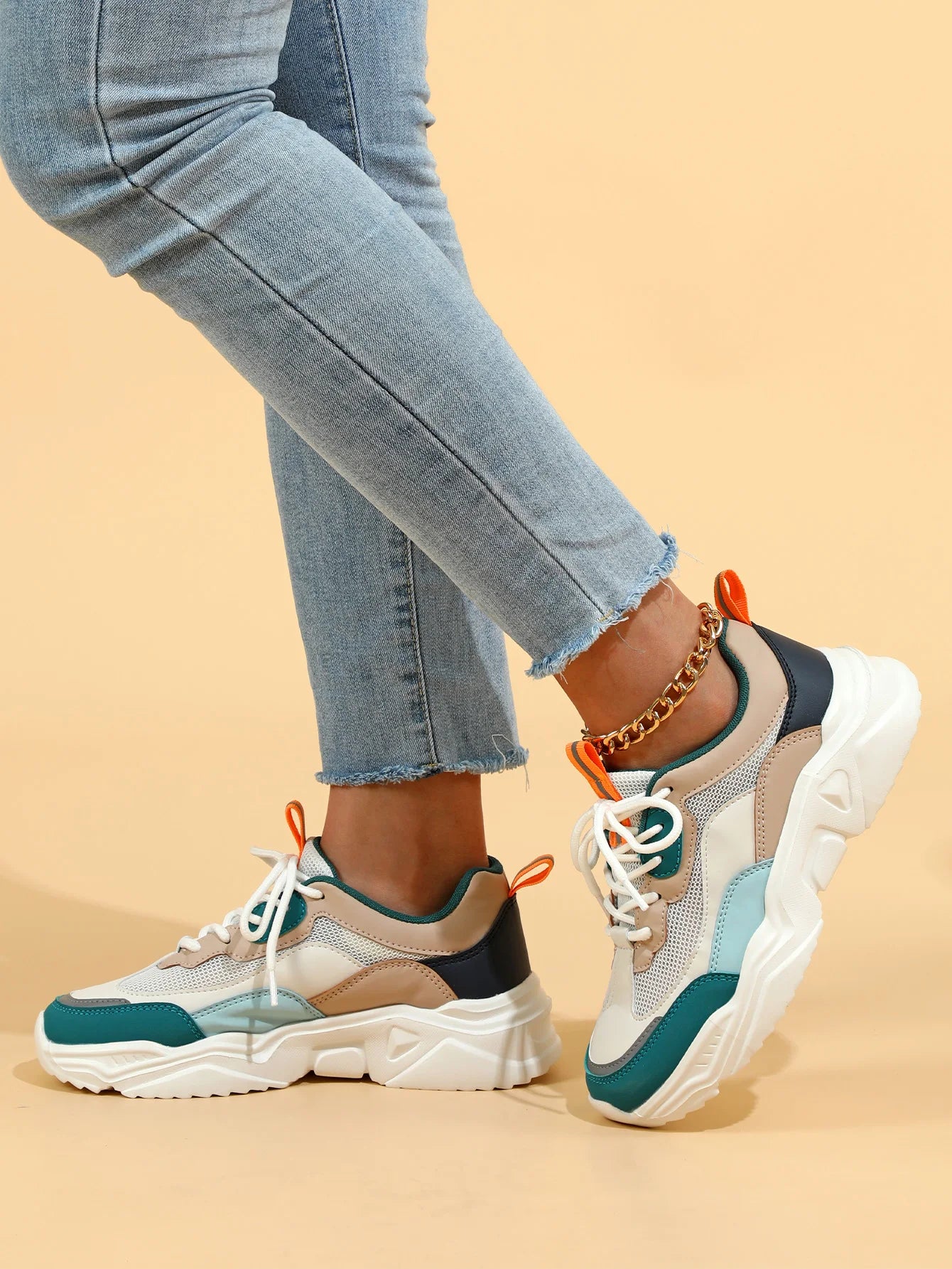 Chunky Sneakers Men Mesh Leather Platform Shoes Mixed Colors Lace-Up Lady Trendy Trainers Thick Sole