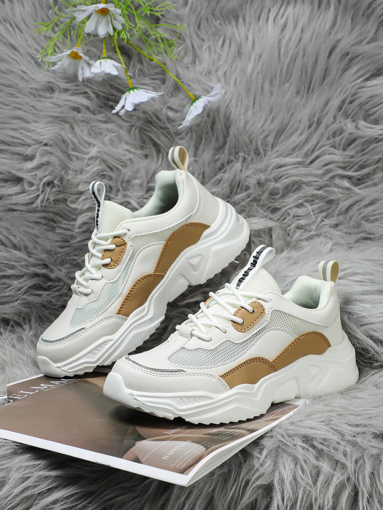 Chunky Sneakers Men Mesh Leather Platform Shoes Mixed Colors Lace-Up Lady Trendy Trainers Thick Sole