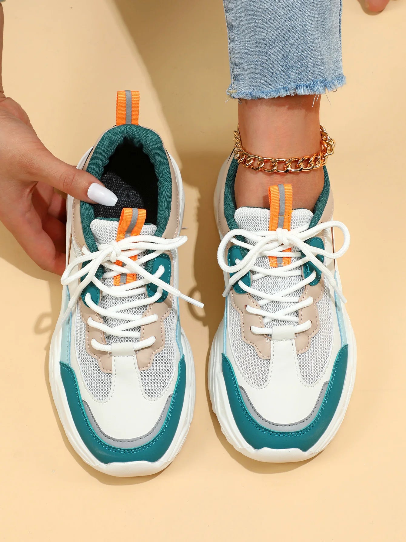 Chunky Sneakers Men Mesh Leather Platform Shoes Mixed Colors Lace-Up Lady Trendy Trainers Thick Sole