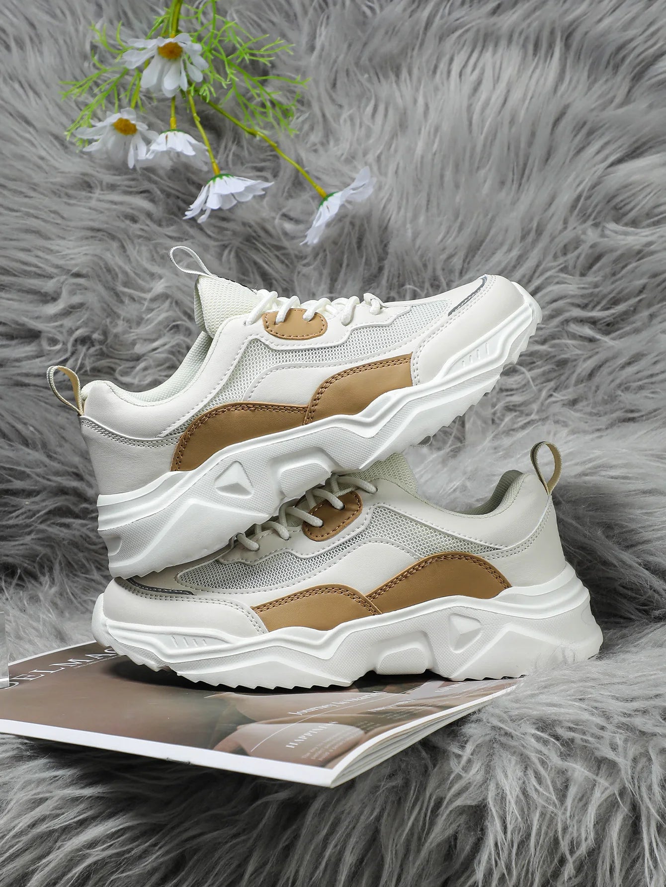 Chunky Sneakers Men Mesh Leather Platform Shoes Mixed Colors Lace-Up Lady Trendy Trainers Thick Sole