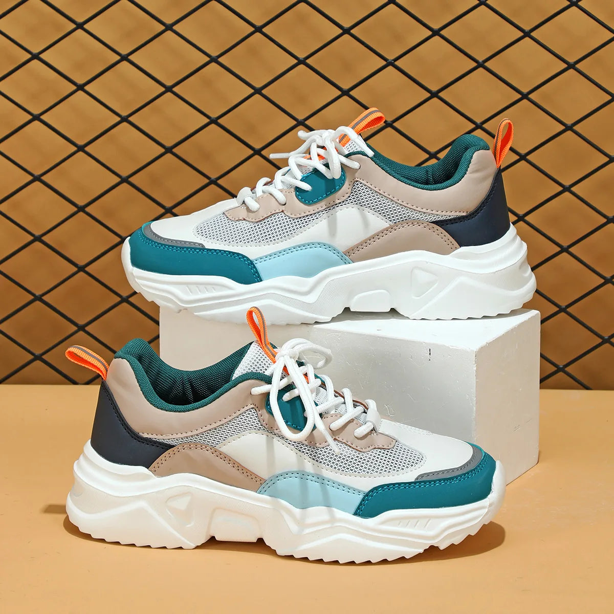 Chunky Sneakers Men Mesh Leather Platform Shoes Mixed Colors Lace-Up Lady Trendy Trainers Thick Sole