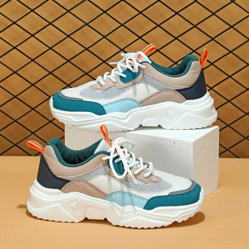 Chunky Sneakers Men Mesh Leather Platform Shoes Mixed Colors Lace-Up Lady Trendy Trainers Thick Sole
