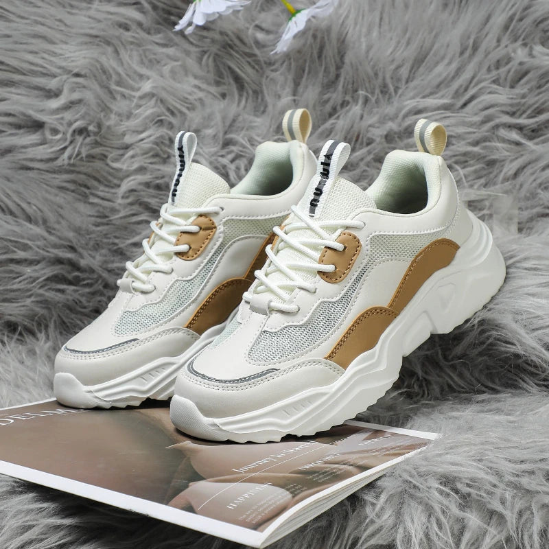 Chunky Sneakers Men Mesh Leather Platform Shoes Mixed Colors Lace-Up Lady Trendy Trainers Thick Sole