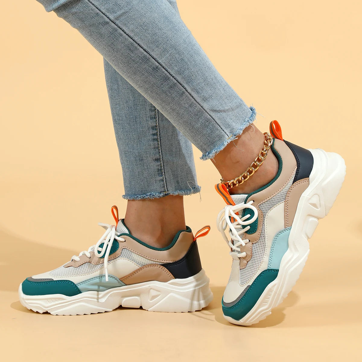 Chunky Sneakers Men Mesh Leather Platform Shoes Mixed Colors Lace-Up Lady Trendy Trainers Thick Sole