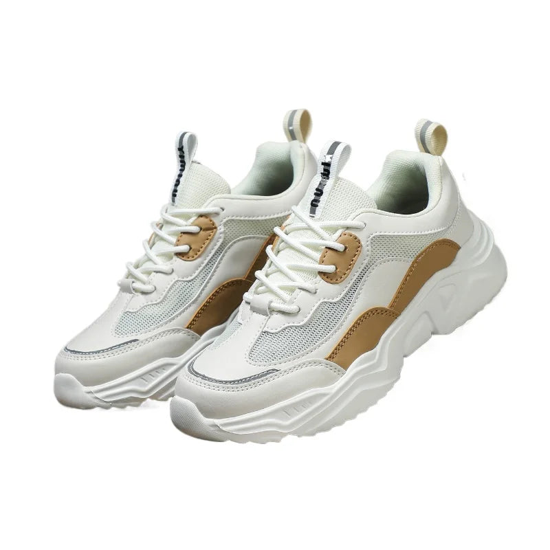 Chunky Sneakers Men Mesh Leather Platform Shoes Mixed Colors Lace-Up Lady Trendy Trainers Thick Sole