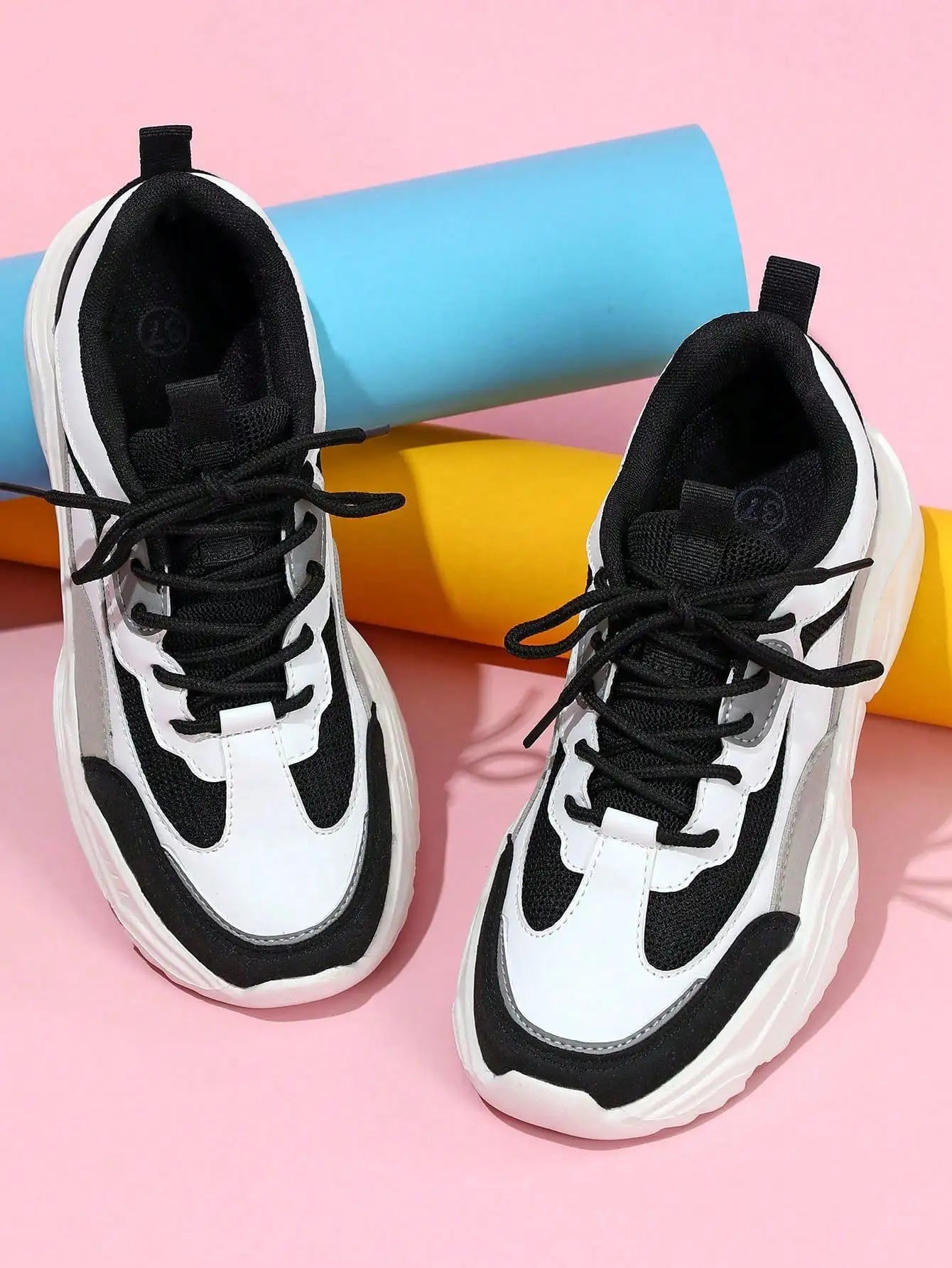 Chunky Sneakers Men Mesh Leather Platform Shoes Mixed Colors Lace-Up Lady Trendy Trainers Thick Sole