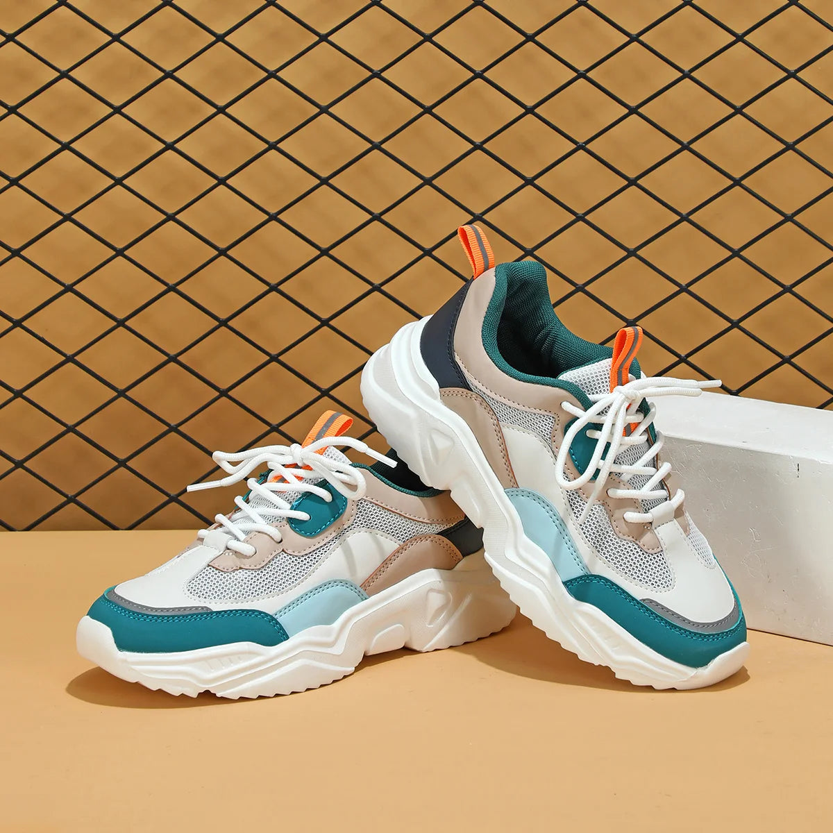 Chunky Sneakers Men Mesh Leather Platform Shoes Mixed Colors Lace-Up Lady Trendy Trainers Thick Sole