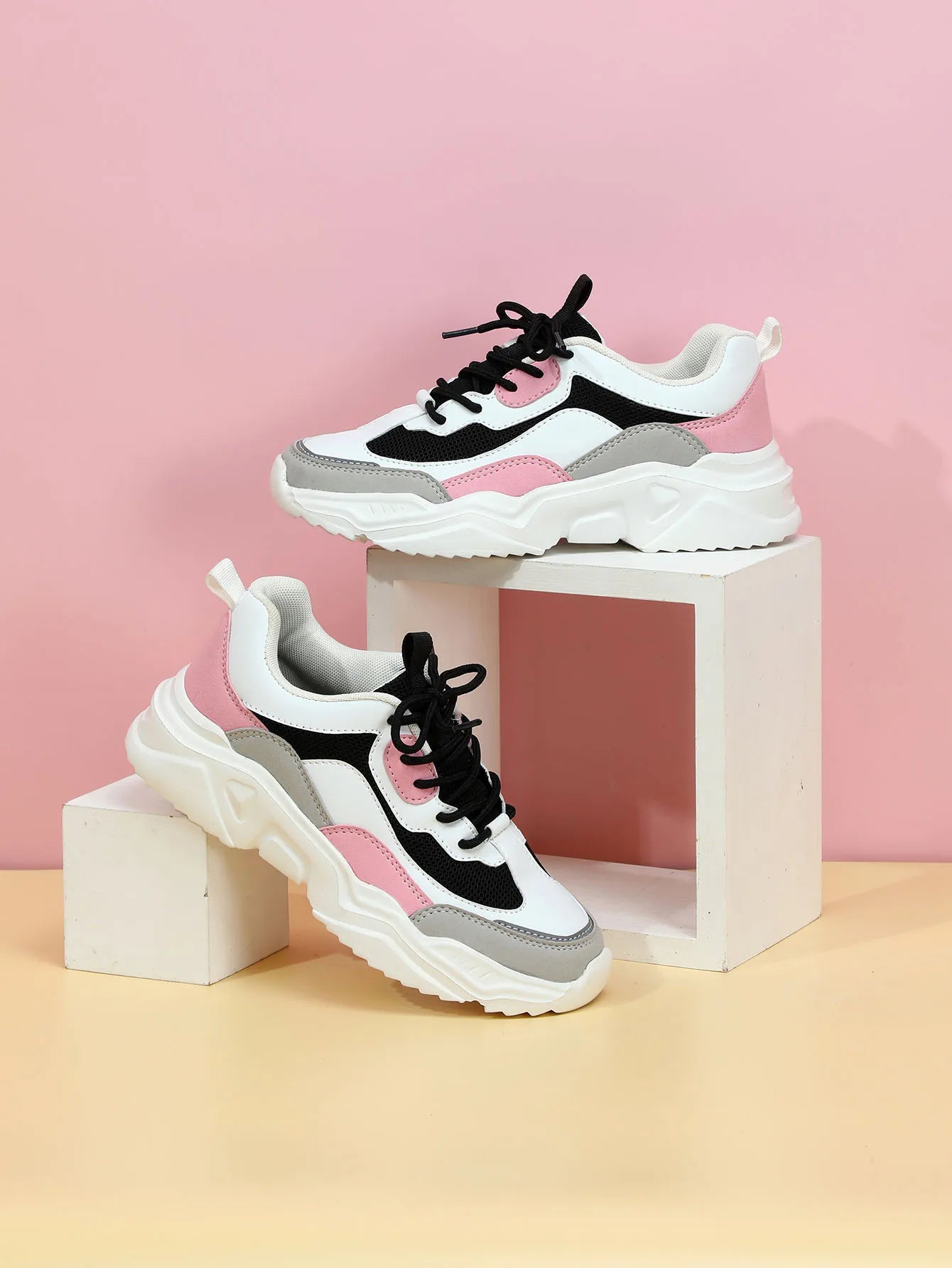 Chunky Sneakers Men Mesh Leather Platform Shoes Mixed Colors Lace-Up Lady Trendy Trainers Thick Sole