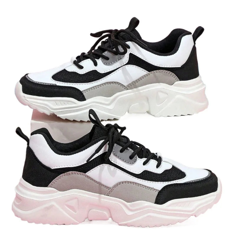 Chunky Sneakers Men Mesh Leather Platform Shoes Mixed Colors Lace-Up Lady Trendy Trainers Thick Sole