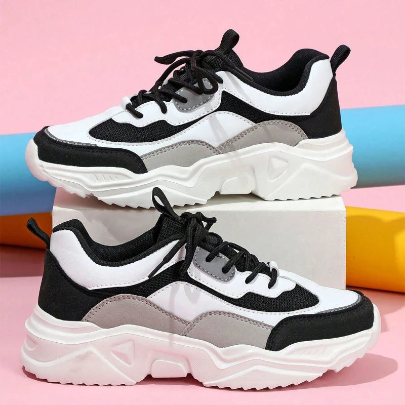 Chunky Sneakers Men Mesh Leather Platform Shoes Mixed Colors Lace-Up Lady Trendy Trainers Thick Sole