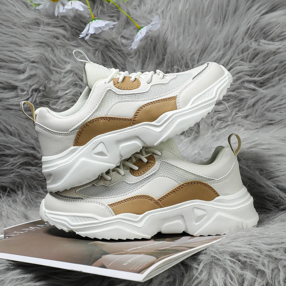 Chunky Sneakers Men Mesh Leather Platform Shoes Mixed Colors Lace-Up Lady Trendy Trainers Thick Sole