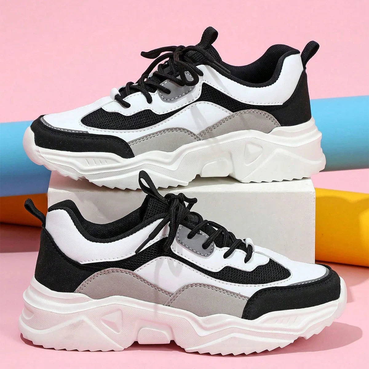 Chunky Sneakers Men Mesh Leather Platform Shoes Mixed Colors Lace-Up Lady Trendy Trainers Thick Sole