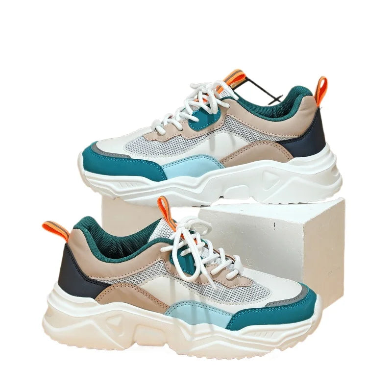 Chunky Sneakers Men Mesh Leather Platform Shoes Mixed Colors Lace-Up Lady Trendy Trainers Thick Sole