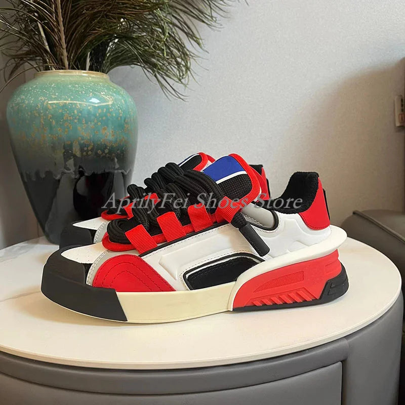 Unisex Round Toe Genuine Leather Sneakers Mixed Colors Mens Flat Breathable Lace Up Casual Shoes Spring Male Sneakers 35-46