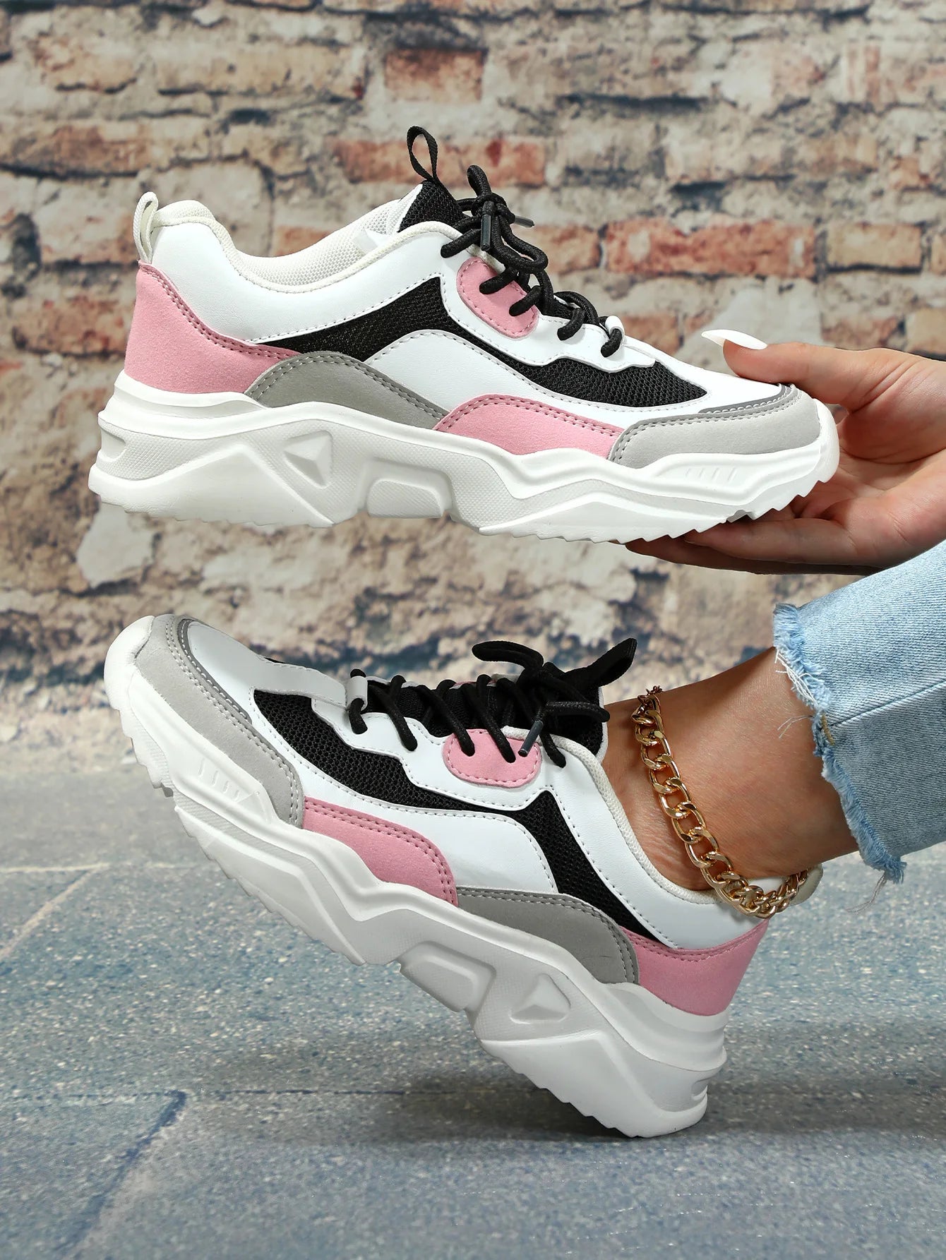 Chunky Sneakers Men Mesh Leather Platform Shoes Mixed Colors Lace-Up Lady Trendy Trainers Thick Sole